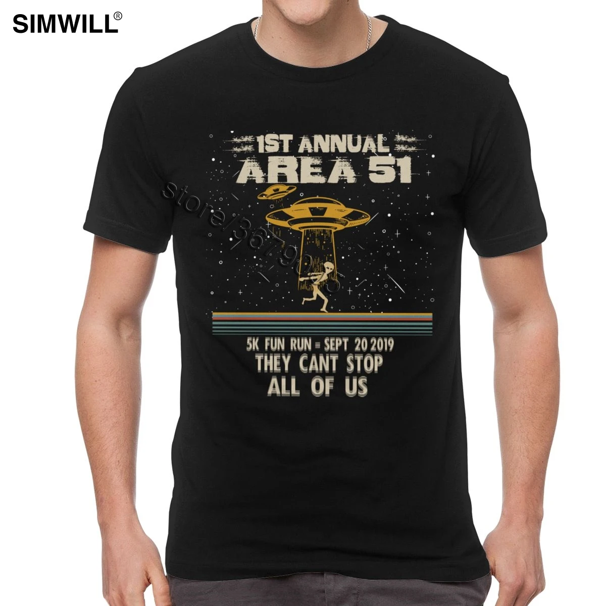 

Retro Men's Area 51 Storm T-Shirt Men Short Sleeve Cotton Fun Run Alien UFO Tees Shirts