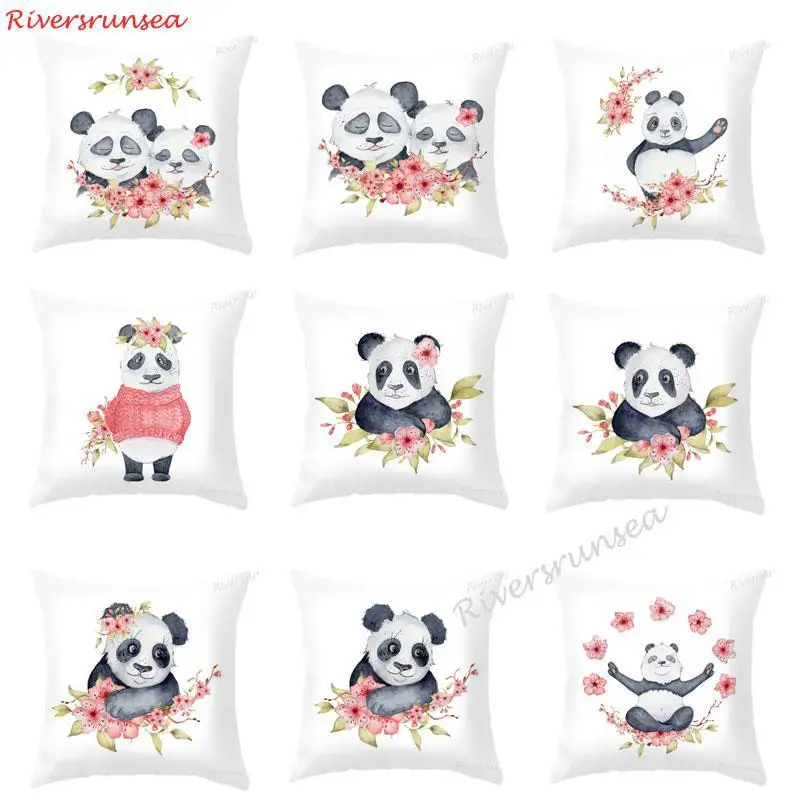Розовая декоративная подушка с цветами ручная роспись панда черный и белый цвет