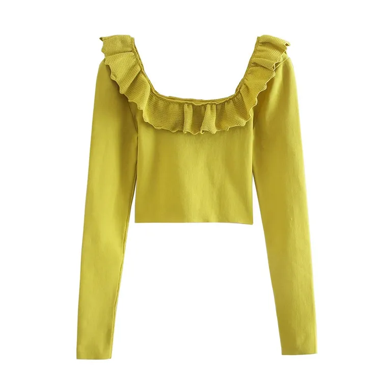 

Spring Autumn Femele Green Vintage Ruffles Short Knitted Sweater Women sweater sexy Long Sleeve Pullovers Chic Sweet Tops