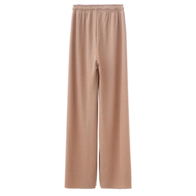 

Summer Casual Elastic Wide Leg Pants Women High Waist Black Knitted Lengthen Pant Drawstring Loose Trousers Woman Clothing