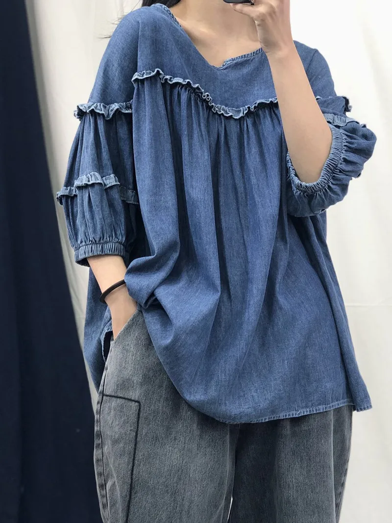 Женские топы больших размеров летние весенние мягкие хлопковые джинсовые