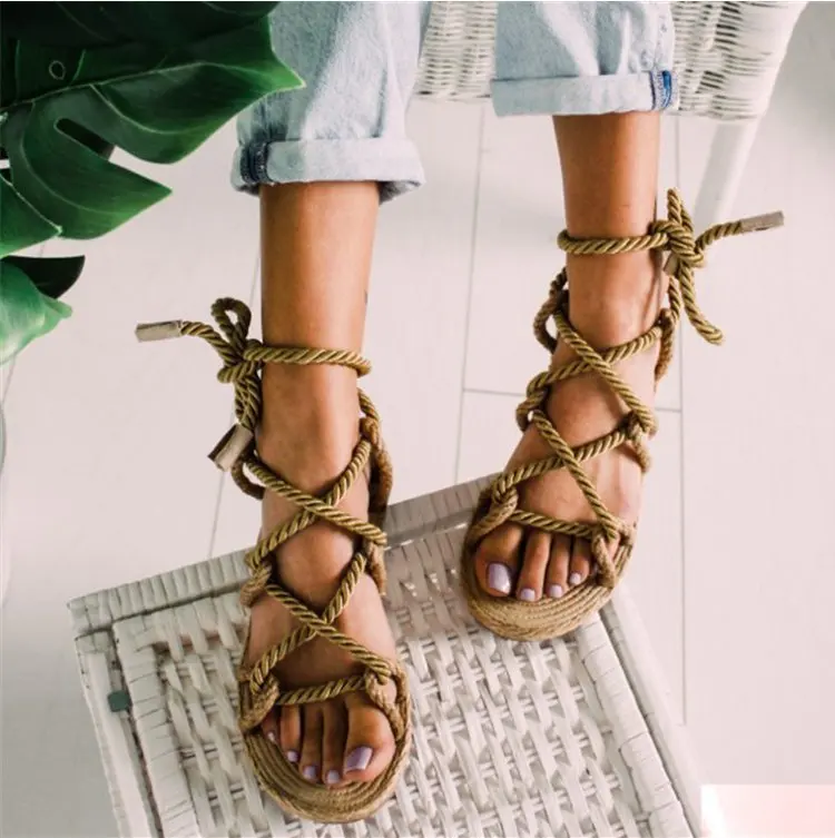 

Women Sandals 2019 Rome Cross Tied Hemp Rope Flats Flops Woman Sandals Casual Flats Shoe Peep Toe Women Shoes Sandalias Mujer