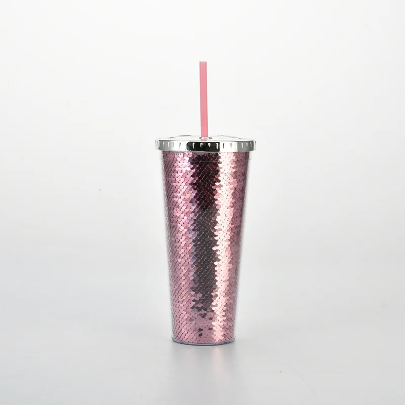 

700ml Creative New Double-layer Plastic Cup Can Be Customized Logo Glitter Straw Cup Straight Cup Summer Cold Drinking Cup