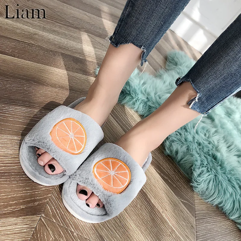 Liam Fruit Print Slipper Winter Warm Cute House Shoes Comfortable Open Toes Non Slip Fuzzy Slides zapatos de mujer