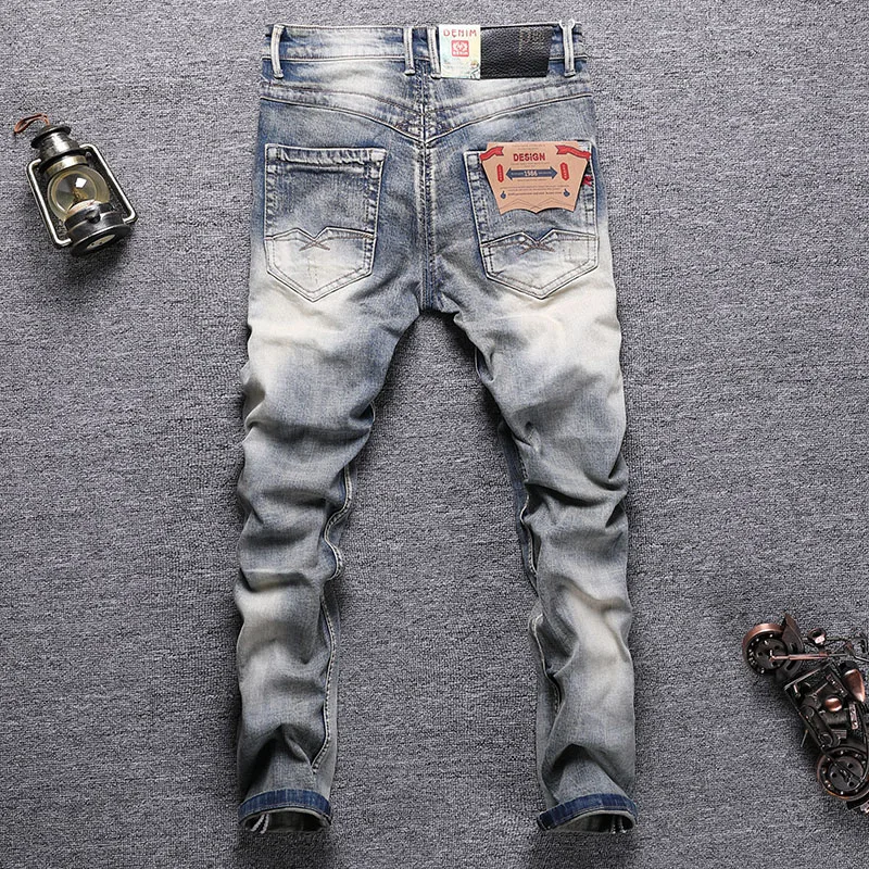 Newly Street Style Fashion Men Jeans Retro Distressed Elastic Slim Fit Ripped Jeans Men Embroidery Designer Hip Hop Denim Pants