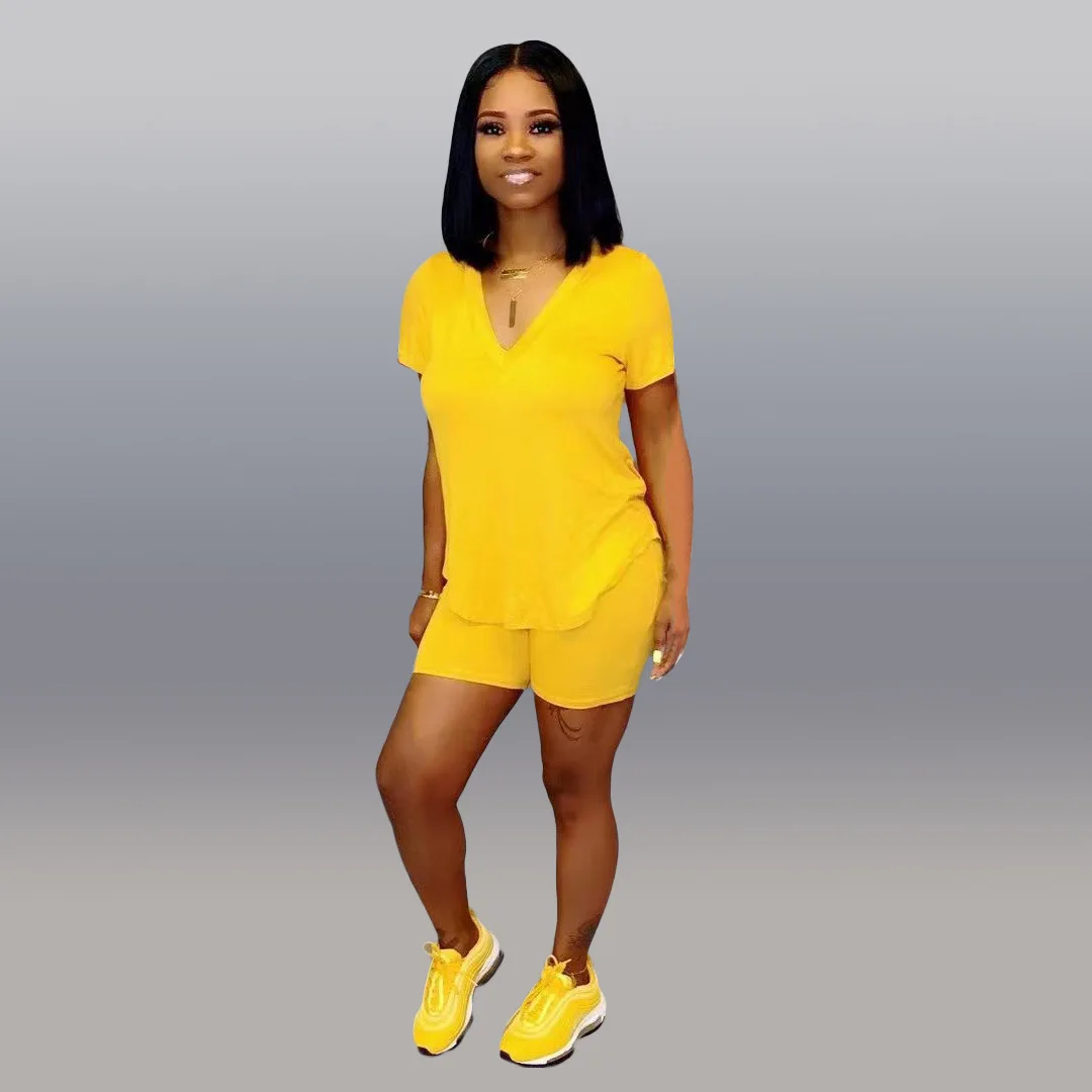 

Solid Color Sports Style Two Piece Fashion Women's Clothing Sexy V Neck Irregular Casual High Street Short Suit Dropshipping