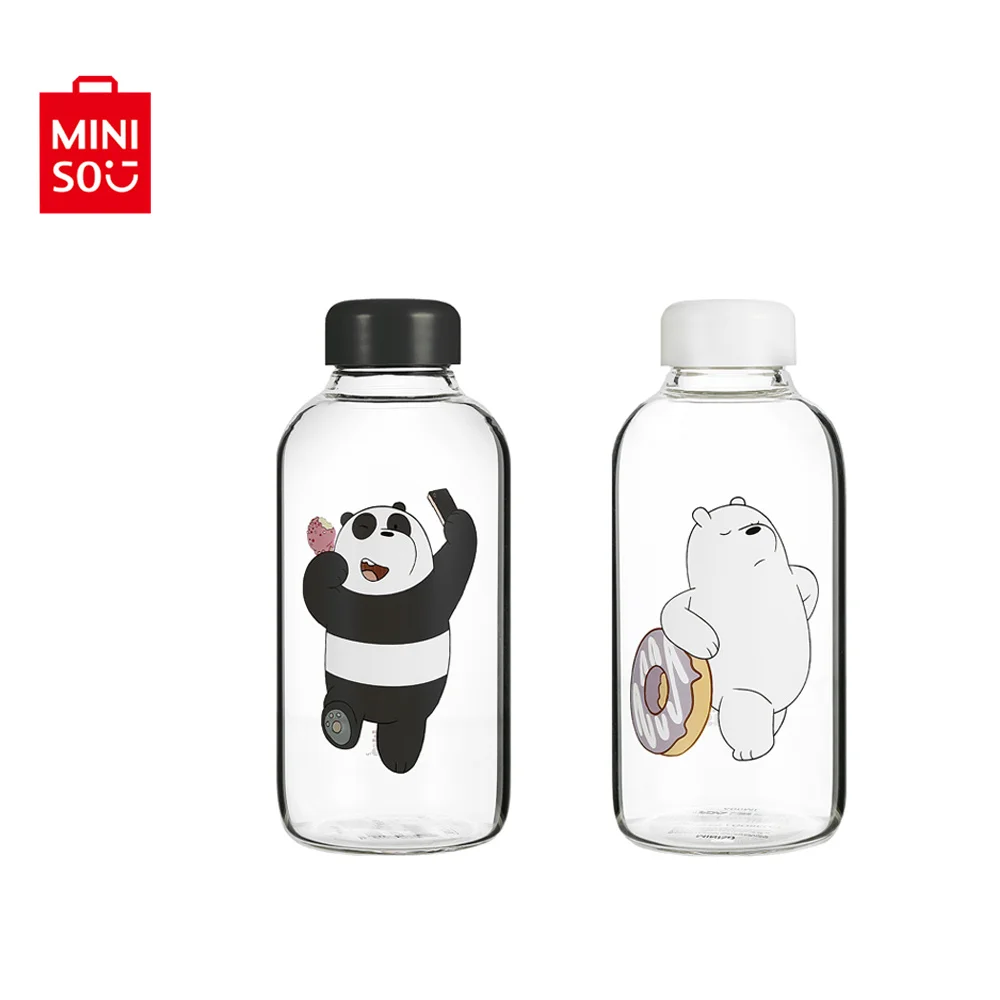 

MINISO We Bare Bears Pot-bellied Glass Bottle Portable Water Cup Drinking Bottle for Outdoor Cute Drink Bottle Cups 600ml
