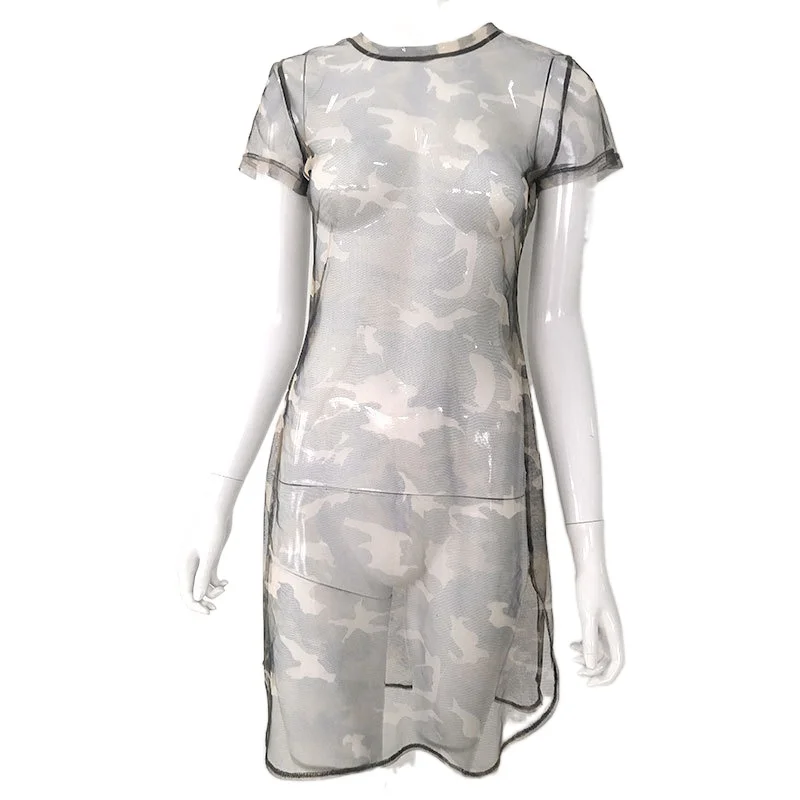 

Sexy See-through Dresses Women Summer Hollow O Neck Short-sleeved Camouflage Mesh Mini Dress Clubwear Streetwear Bodycon