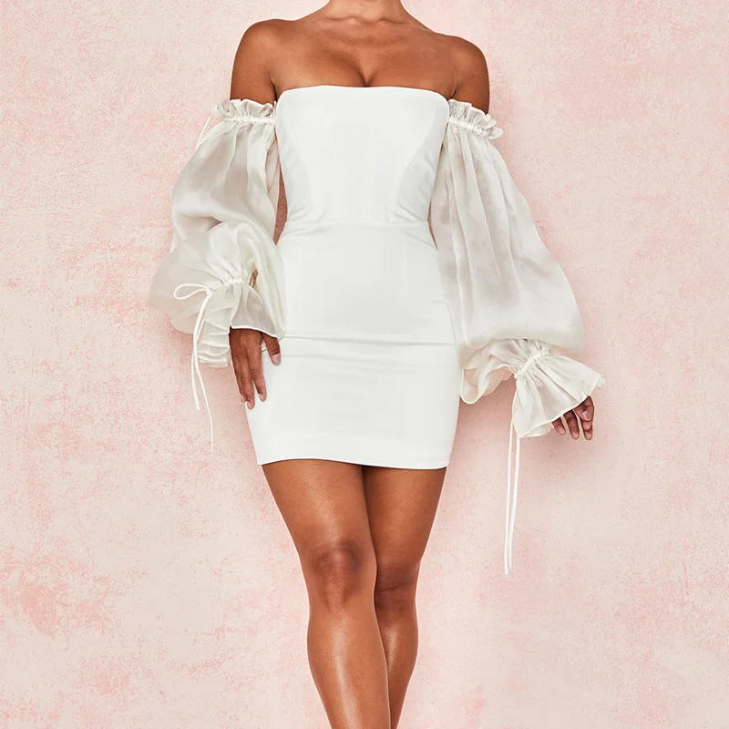 

Sexy Dresses Sexy off-the-Shoulder off-the-Shoulder All-Match Lantern Sleeve Tube Top Dress Autumn and Winter Vestido De Mujer