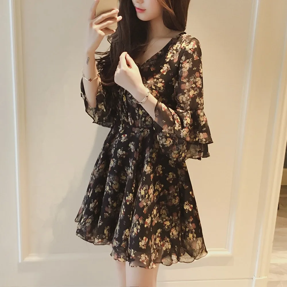 

Women's Floral Print Vintage Dress Plus Size Sweet Lady Long Sleeve V Neck Casual Summer Chiffon Chinese Style Dress 2021 New
