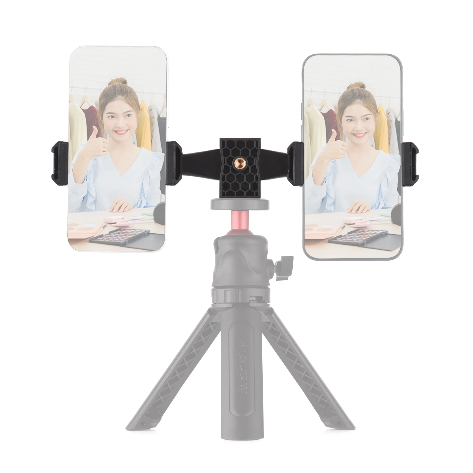 Andoer Universal Phone Tripod Mount with Dual Phone Holders Vertical Horizontal Phone Clamp Vlog Live Video Teaching Meeting