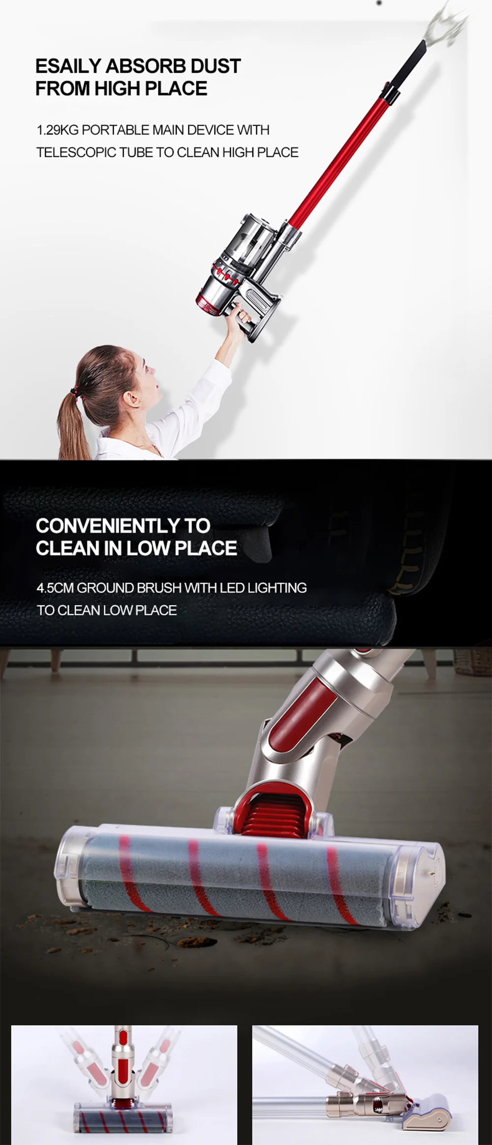 Handheld Vacuum Cleaner For Home Car Wireless 20000Pa cyclone Suction Multi functional Sweeping Brush