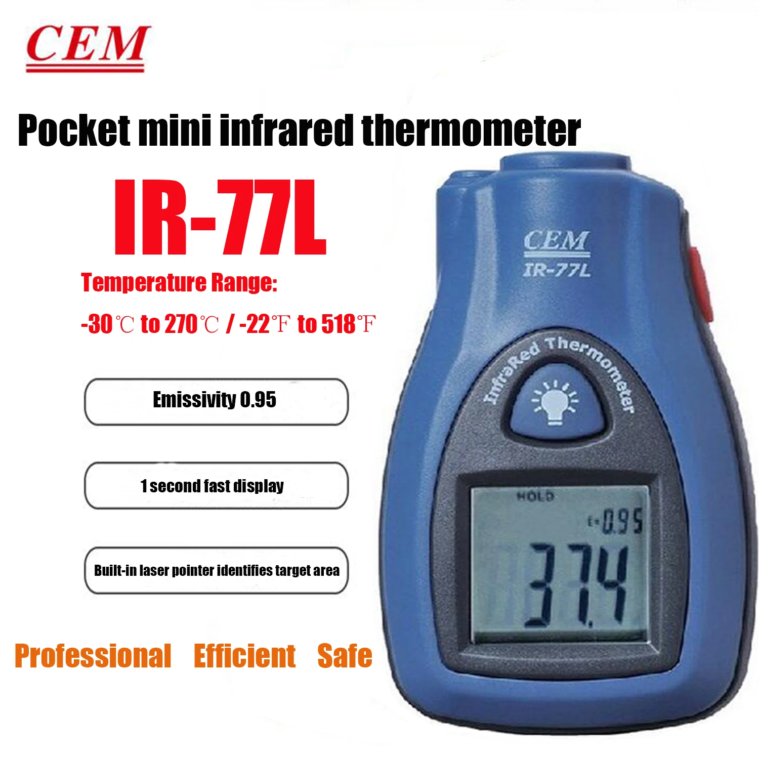 

CEM IR-77L Non-Contact Straight Plate Infrared Thermometer Special 30 ~ 270 C Temperature LCD Display Point Thermometer,New.
