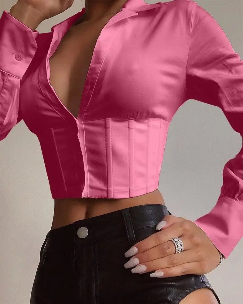 Однотонный корсет с воротником Топ для женщин облегающая футболка длинным