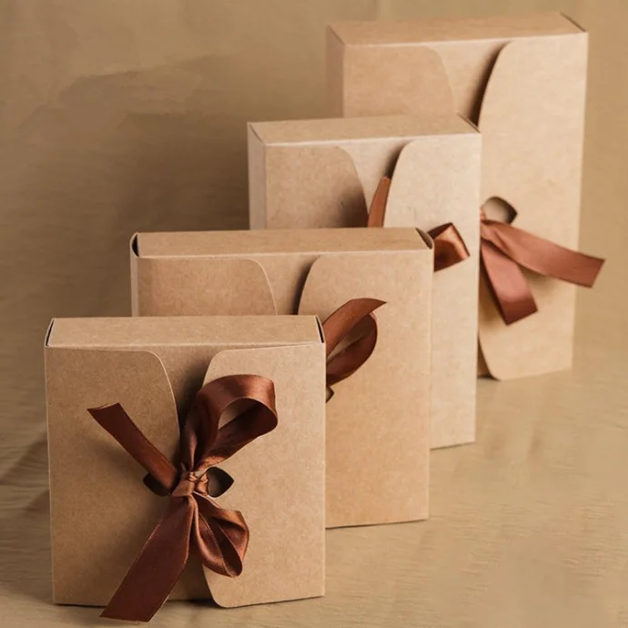Kraft Paper Ribbon Square Poket With Cover Lid Thick Folding Birthday Bag Decor Gift Box