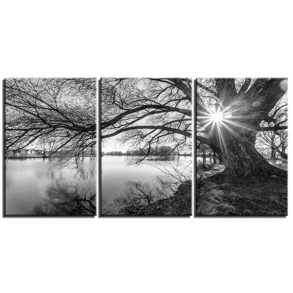 

3 Panel Black White Tree Lake Landscape Canvas Wall Art Home Decorative Living Room HD Prints Poster Painting Framework Pictures