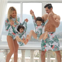 2021 new summer family look leaf print ruffle long sleeve one piece matching swimsuits dad son shorts mum me family siwimsuits
