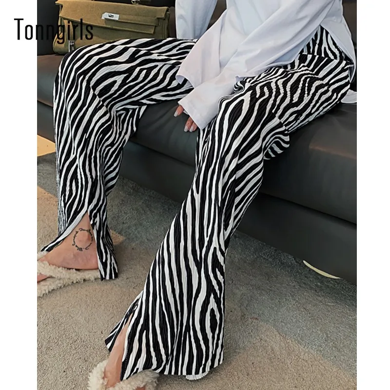 

Tonngirls Summer Wide Leg Pants Womenelastic Waist Chiffon High Waist Pants Zebra Pattern Casual Y2k Vintage Pants Trousers