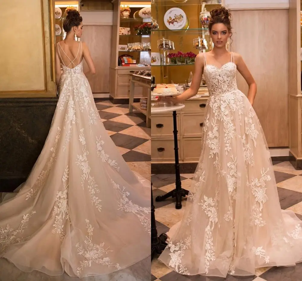 

Champagne Wedding Dresses Boho 2021 Elegant Lace Appliques Bridal Gown Tulle Vintage Wedding Party Dress vestidos de mairee