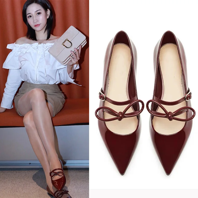 

Red Mary Jane Shoes Genuine Leather Pointed Toe Butterfly-knot Single Wedding Shoes Female Flats Shoes 2021 Summer Sandals