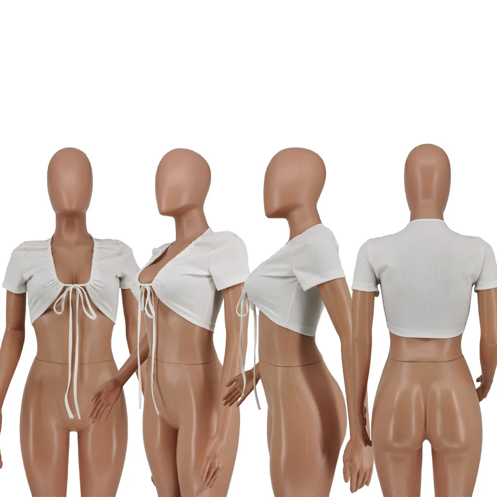 

Echoine Short Sleeve Lace Up V-neck Crop Top Tshirt Sexy Short Tee White Summer Tie Up Party Club Outfits 2021 New Fashion
