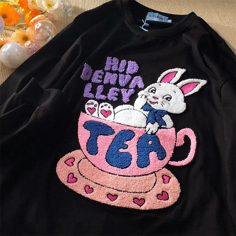 

Chic Embroidery Rabbit Tea Cartoon Sweatshirt Women Fashion Tops Kawaii Teens Clothes 2021 Autumn Harajuku Plus Size Pullovers