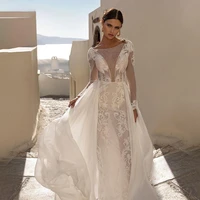 sexy elegant wedding dress with tulle and boat neck tie card shoulder strap high slit side bridal gown large size customization