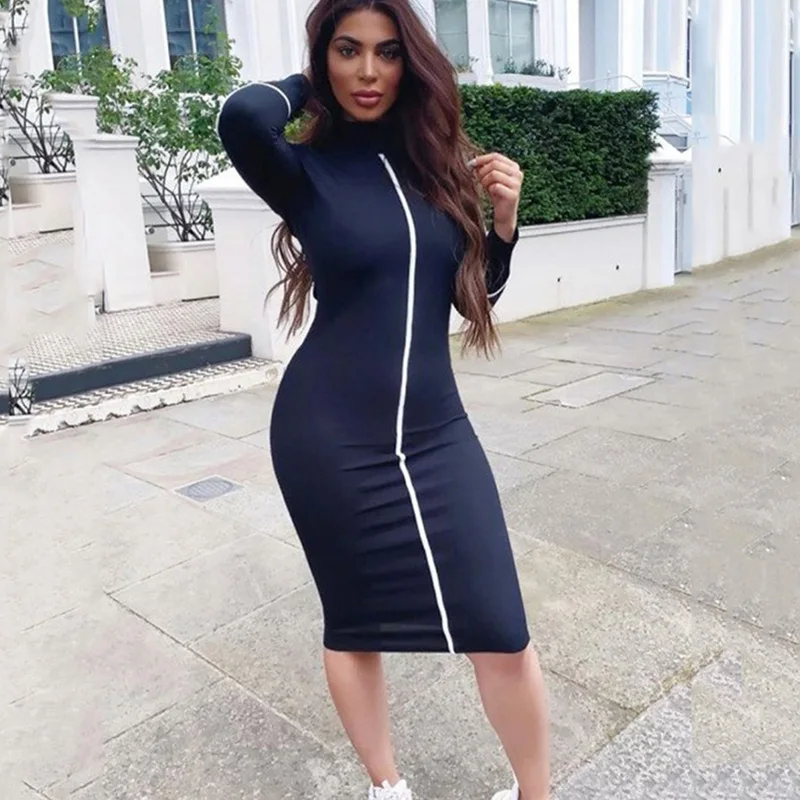 Женское неоновое платье с длинным рукавом повседневное розовое облегающее