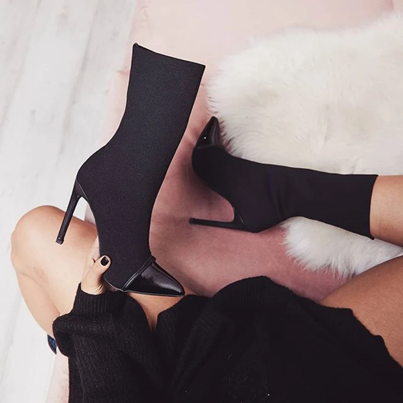 

2020 Fashion Luxury Women 11.5cm High Heels Fetish Silk Sock Boots Stiletto Heels Ankle Boots Scarpins Prom Pointy Spring Shoes