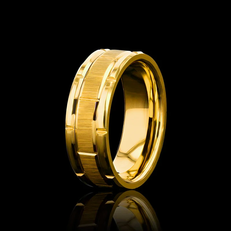 

Modern 8MM Stainless steel Men Ring Fashion Gold Color Brushed Double Groove Pattern Ring Men's Wedding Ring Party Jewelry Gift