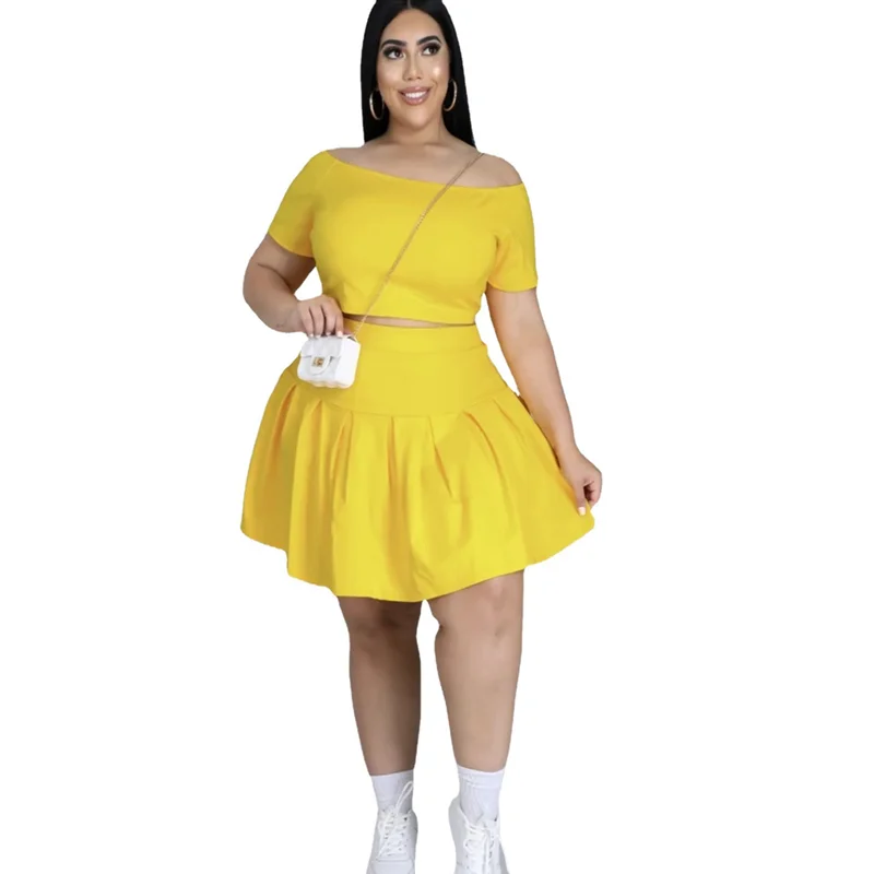 

Solid Casual Two Piece Skirt Sets Women Plus Size Clothes Off Shoulder Crop Top Pleated Short Skirts Suit Summer 2 Piece Outfits