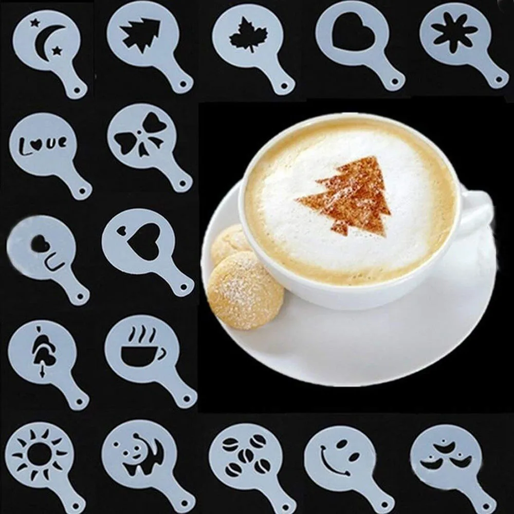 

16Pcs Coffee Stencils Fancy Coffee Printing Model Foam Spray Cake Stencils Coffee Drawing Cappuccino Mold Powdered Sieve Tools