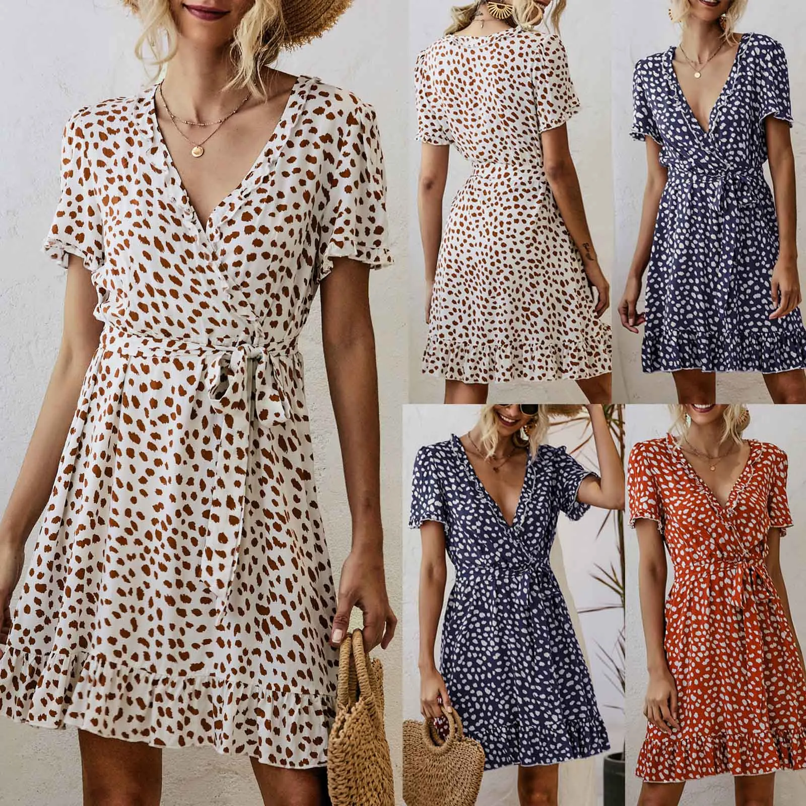 

Women Summer Casual Short Sleeve V-Neck Ruffle Wave Point Dresses Slim Dress Summer Dress robe femme женское платье