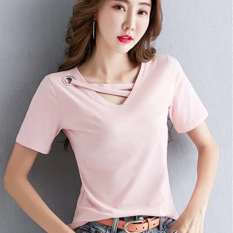 

Short sleeve 2021 new women's T-shirt summer loose large cotton V-neck top half