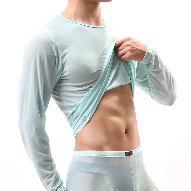 Mens underwear transparent gauze long sleeve T-shirt men's sexy tights undershirt tops tank | Мужская одежда