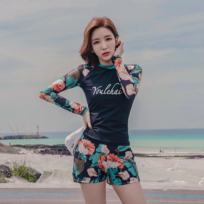 Женский купальник с длинным рукавом и принтом 2 шт./компл.|Комбинезоны| |