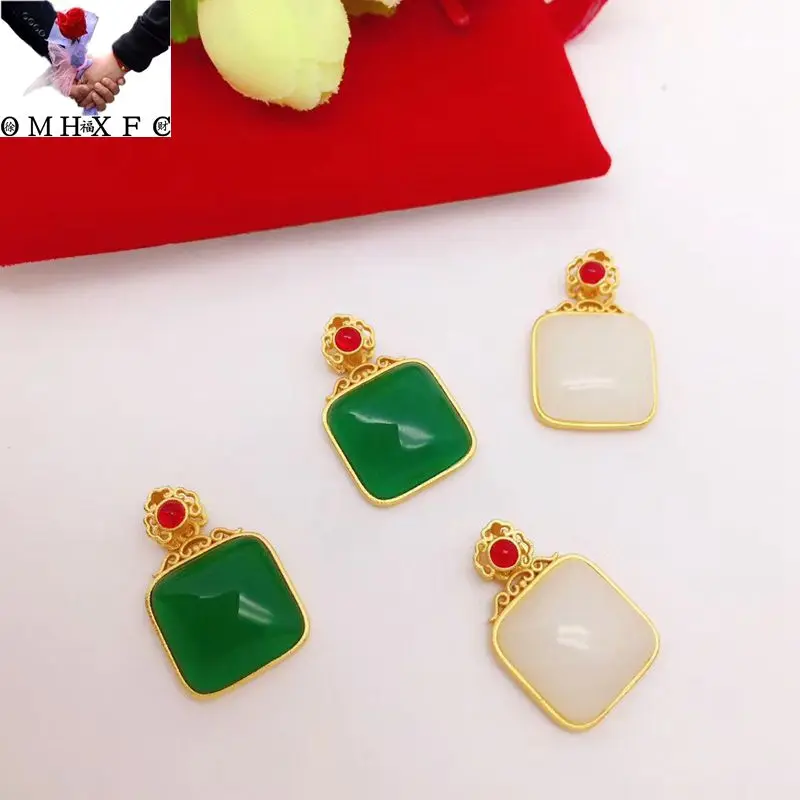 

OMHXFC Jewelry Wholesale YM1356 European Fashion Woman Party Birthday Wedding Gift Vintage Square Jade 24KT Gold Pendant Charm