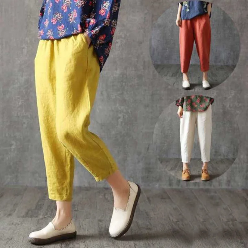 

2021 Spring Autumn Thin Cotton Loose Harem Cropped Trousers Female Plus Size Imitation Cotton Linen Casual Carrot Pants Women