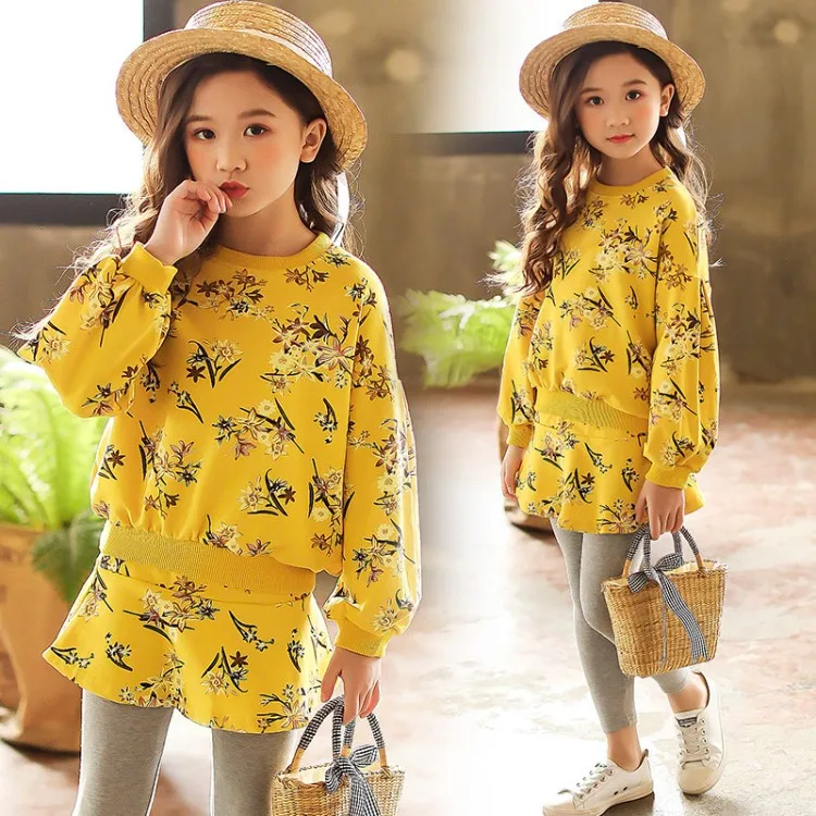 Комплект одежды для девочек осенне-зимняя Корейская одежда с цветочным принтом