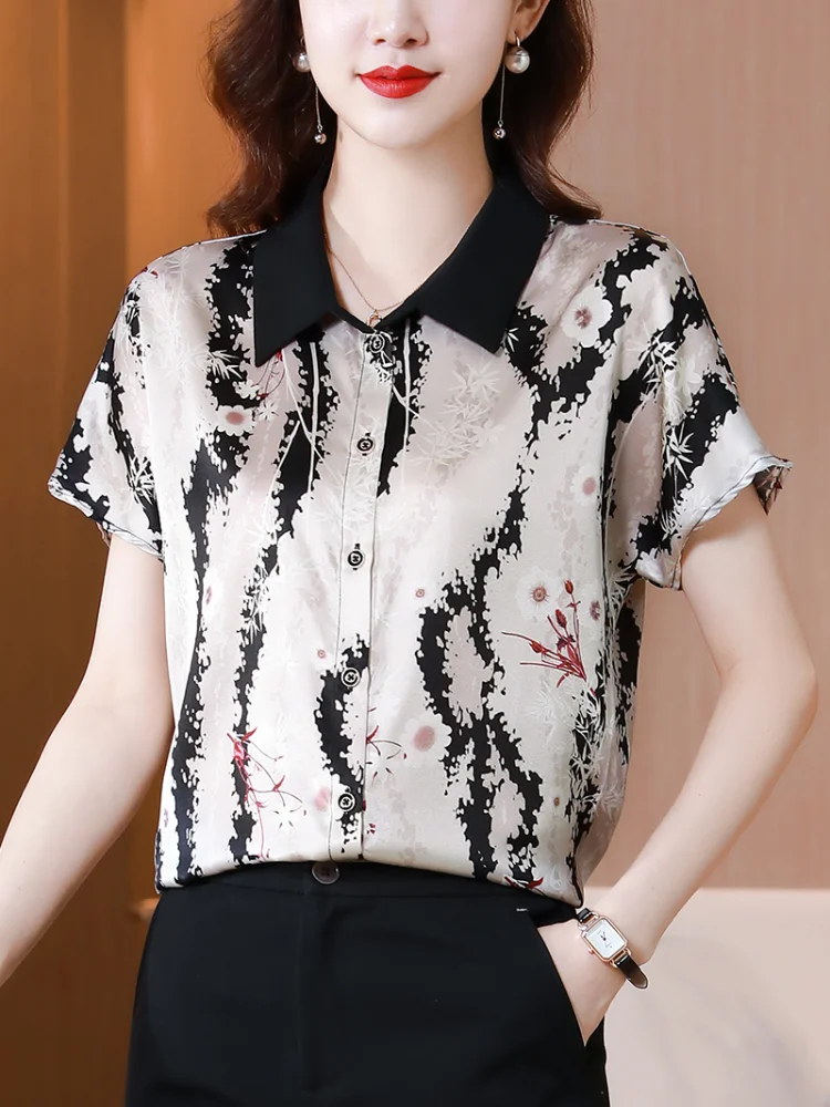 

Women's Blouses Short Sleeve Tops Polo Shirts Fashion Top Casual Blouses Solid Color Shirt Splicing Loose Silk Summer