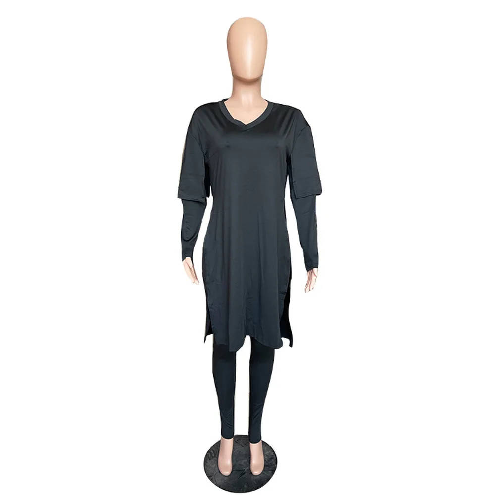 

Side High Split Long Sleeve Loose Top and Stretchy Skinny Legging Sweatsuit Casual Club Outfits Acitve Wear Workout Matching Set