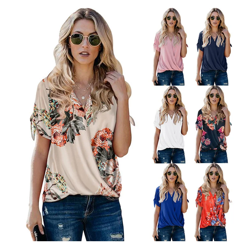 

Summer Floral Print Sexy V-neck Plus Size Shirt Loose Draped Pullover Blouse Womens T-shirt Large Size