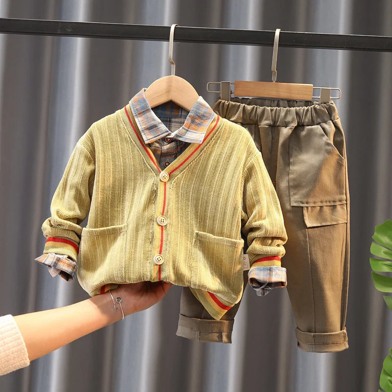 

Spring Autumn Children Clothes Baby Boys Cotton Plaid Coats Shirts Pants 3Pcs/sets Infant Outfit Kids Fashion Toddler Tracksuits