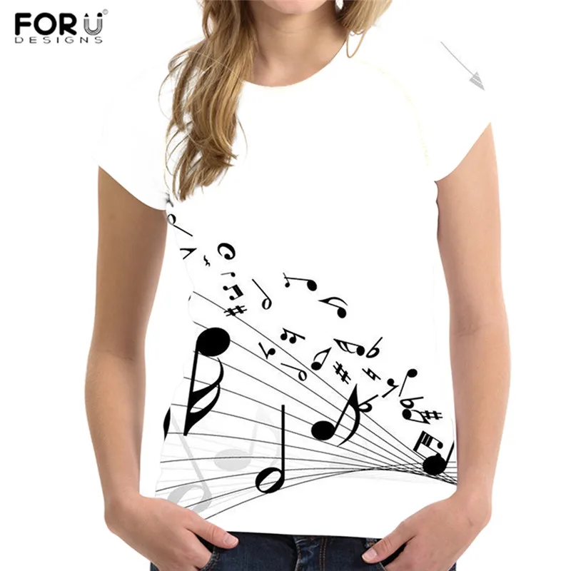 

Женские футболки FORUDESIGNS с принтом музыкальных нот, футболки с коротким рукавом, кавайные женские футболки с круглым вырезом в стиле Харадзю...