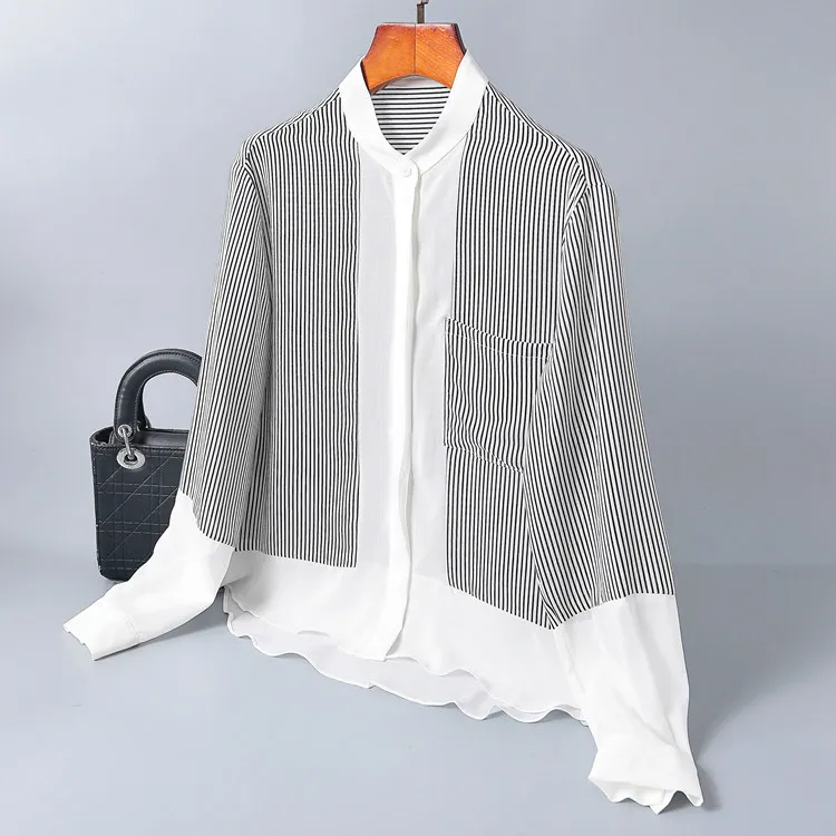 

Шелковая полосатая Новая цветная рубашка с длинным рукавом женский модный Блейзер Джокер бутик белый воротник Женская мода на лето