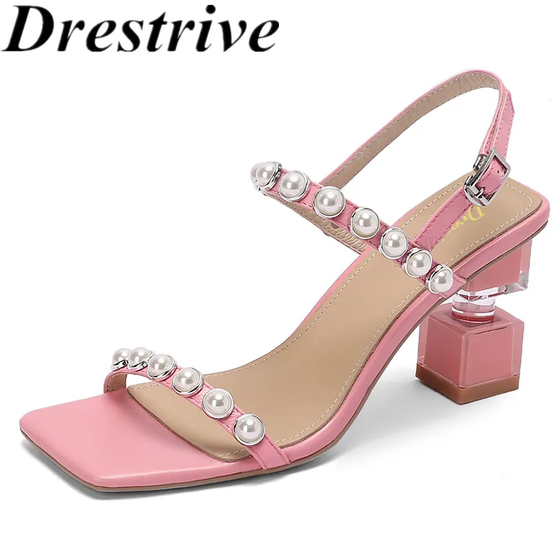 

Drestrive 2021 Summer Fashion Women Sandals Pink Square Toe Beaded Buckle Thick High Heel Shoes Dress 7 cm Full Genuine Leather