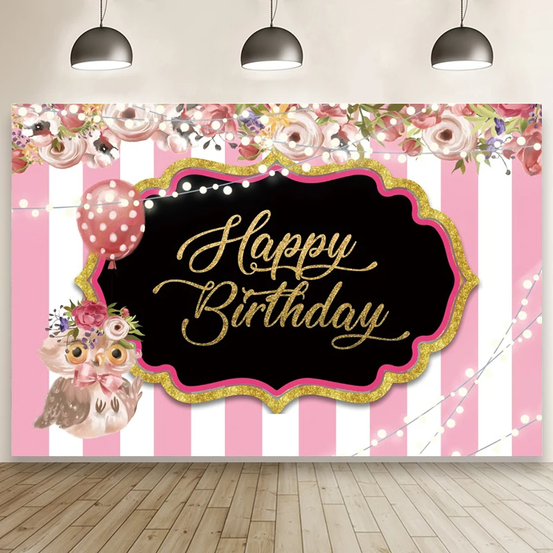 

Beautiful Flowers Owl Balloon LED Light String Pink White Vertical Pattern Background Sweet Girl Birthday Party Decor Backdrops