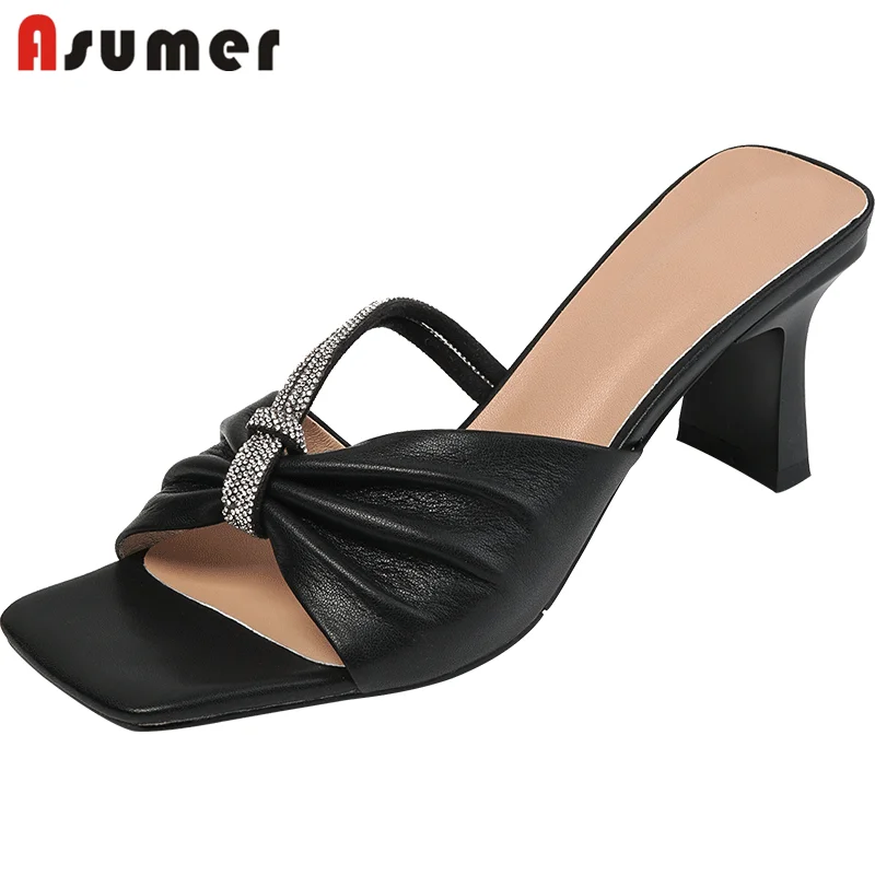 

Asumer 2021 New Arrive Mules Shoes Women Genuine Leather Sandals Pleated Crystal Solid Colors High Heels Party Shoes Woman