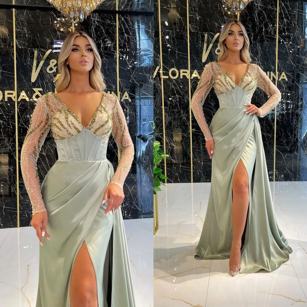

Formal Mermaid Prom Dresses Luxury Long Sleeve V Neck Split Satin Plus Size Women High Waist Elegant Evening Gowns
