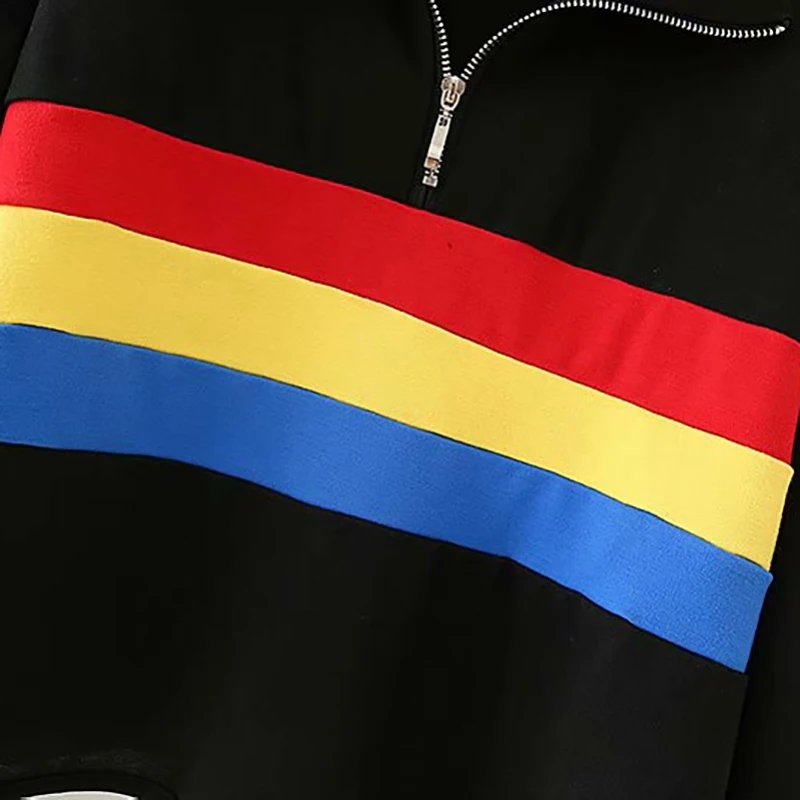 

women summer-autumn colorful patchwork print black sweatshirts female 2020 fashion zipper collar long sleeve loose pullover tops